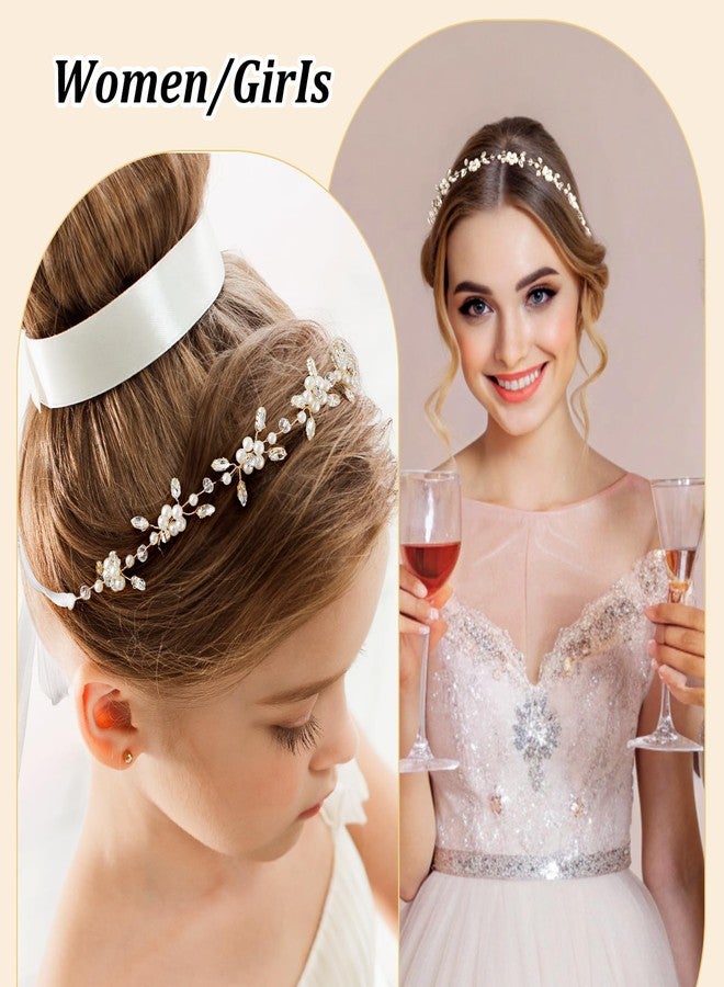 Yolev Flower Girl Headpiece with Streamers Gold Wedding Headband for Girl Crystal Pearl Flower Girl Hair Accessory for Wedding Birthday Party Photography First Communion(Gold) - Image 5